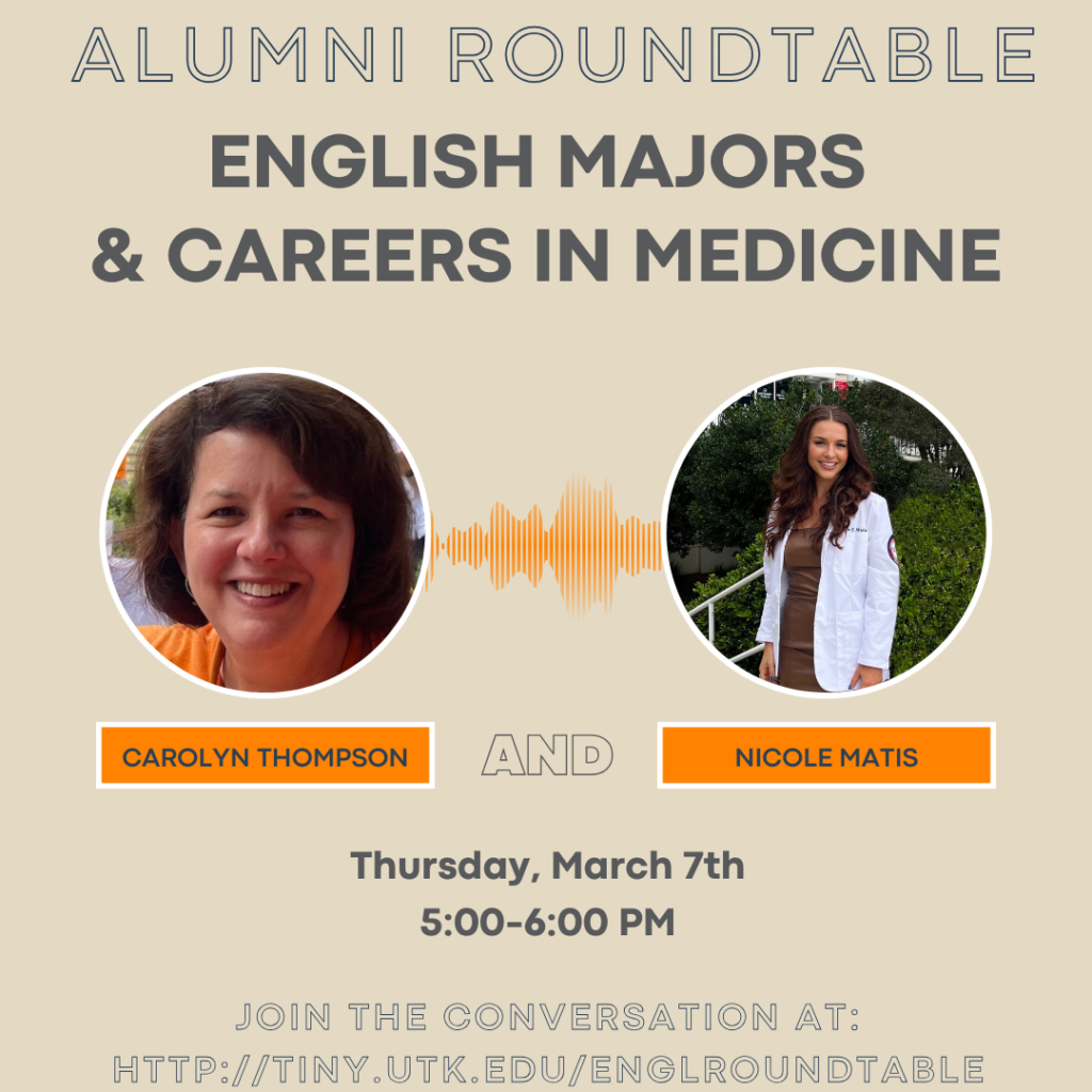 A poster showing two medical professionals who participated in the English major roundtable