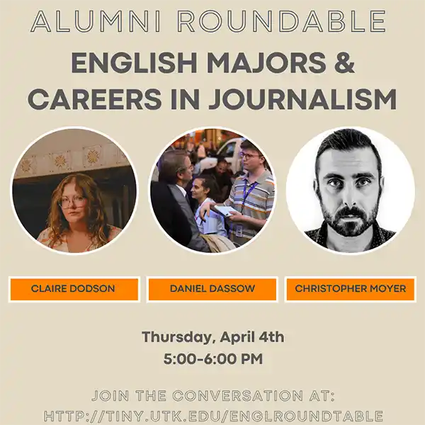 A graphic showing three alumni who are being interviewed in the roundtable discussion.